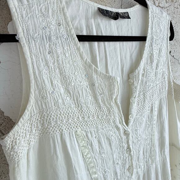 Vtg Boho Midi Dress Embroidered Tiered Crinkle Cotton Gauze Corset Cottagecore L - Picture 6 of 8